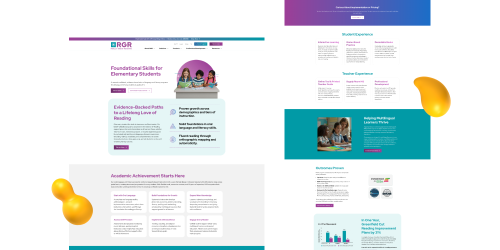 Updated Really Great Reading product page layouts showcasing improved hierarchy, refreshed branding, and clearer content sections.