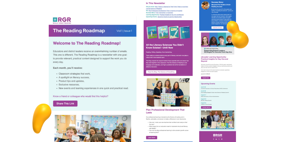 New Really Great Reading email templates displaying improved layout, refreshed visuals, and mobile-friendly newsletter design.