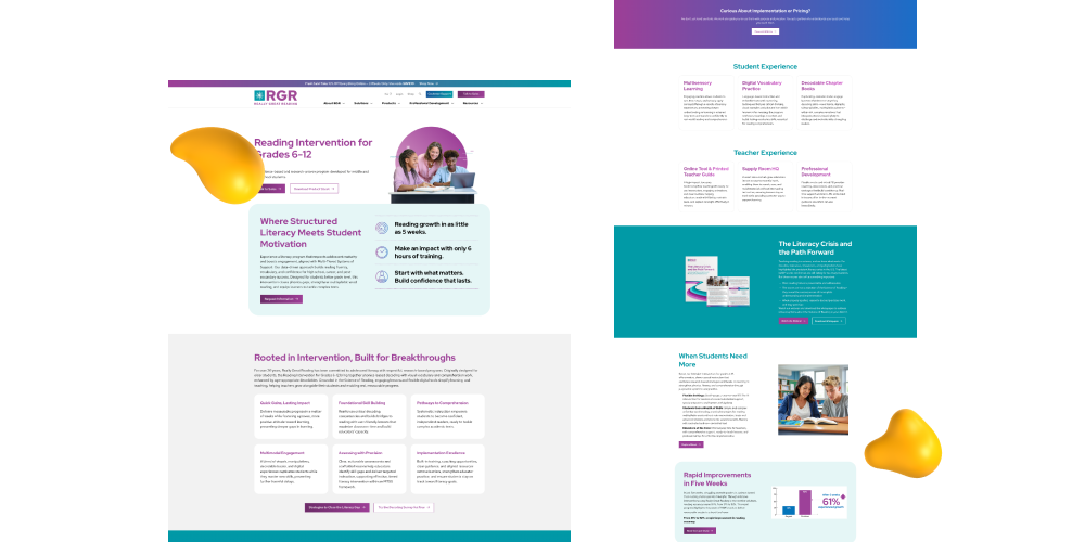 Modernized Really Great Reading program pages featuring refined hero sections, visual updates, and reorganized informational blocks.