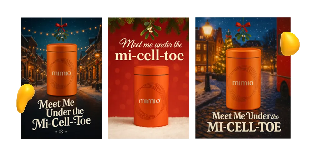 Holiday skincare product packaging by Mimio with festive winter street background and the slogan ‘Meet Me Under the Mi-Cell-Toe