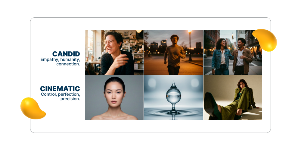 Brand photography style guide showing a grid of candid lifestyle images and cinematic portraits, highlighting emotional, human-centered visuals versus polished, controlled imagery.