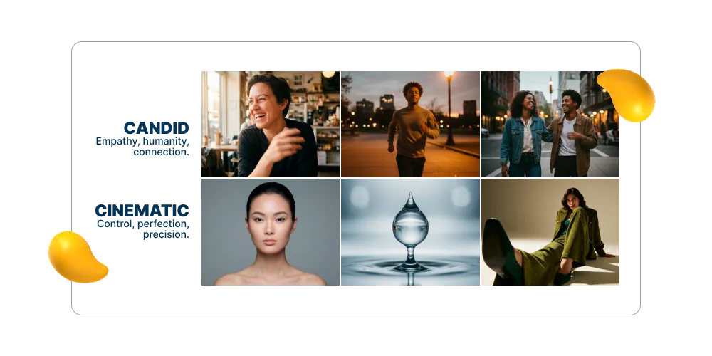 Brand photography style guide showing a grid of candid lifestyle images and cinematic portraits, highlighting emotional, human-centered visuals versus polished, controlled imagery.