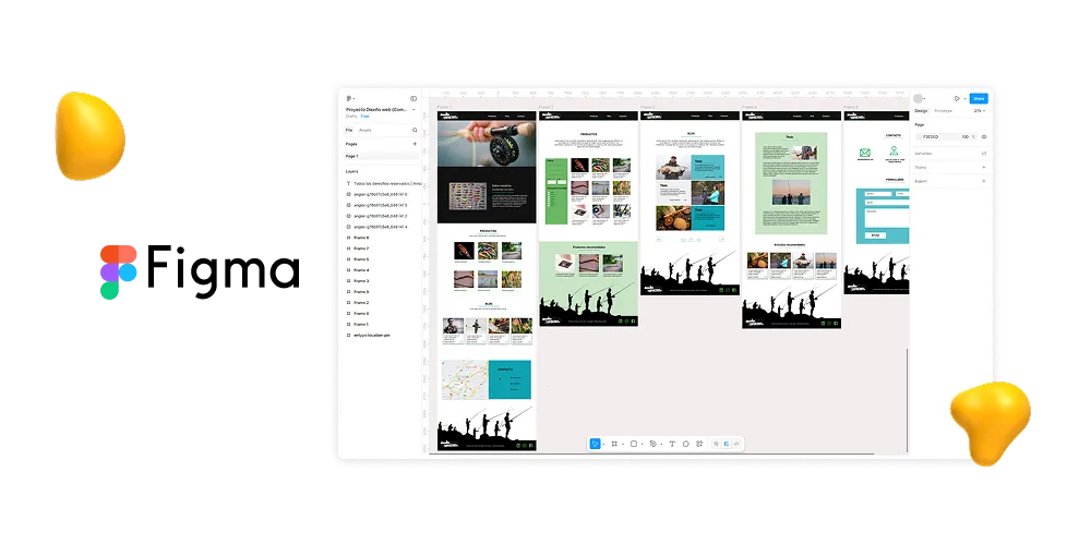Figma interface showing multiple website page designs laid out on a canvas, with layers panel on the left and design tools on the right