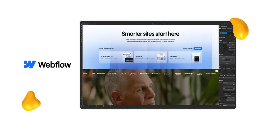 Webflow editor displaying a website hero section titled ‘Smarter sites start here,’ with visual layout tools and styling panels visible