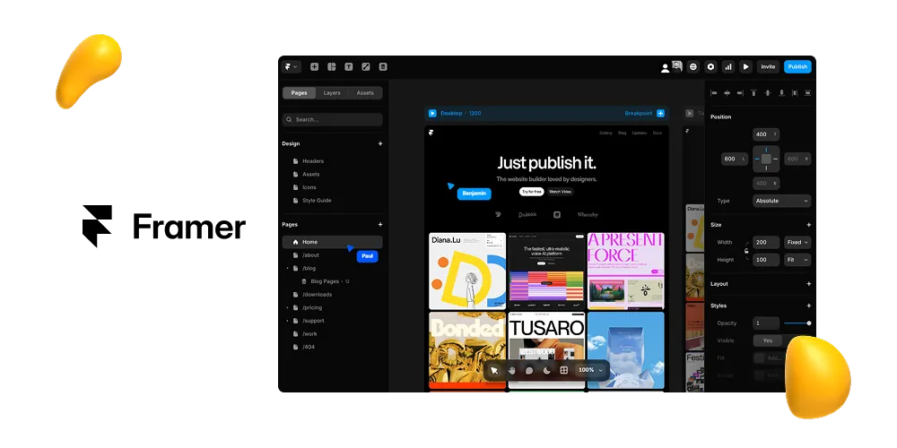 Framer website builder interface showing a dark-themed editor with page navigation, layout controls, and a grid of design examples