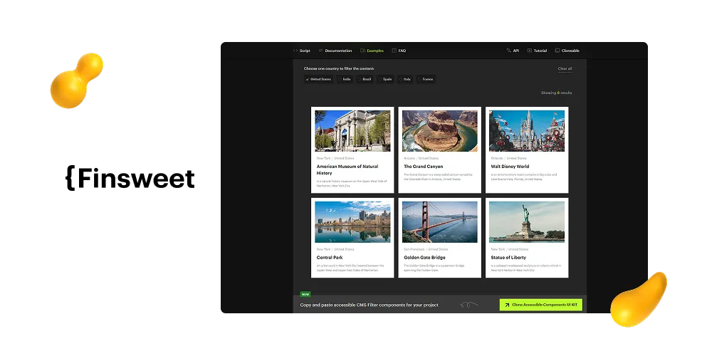 Finsweet CMS filtering interface displaying a grid of location-based cards with images, titles, and descriptions