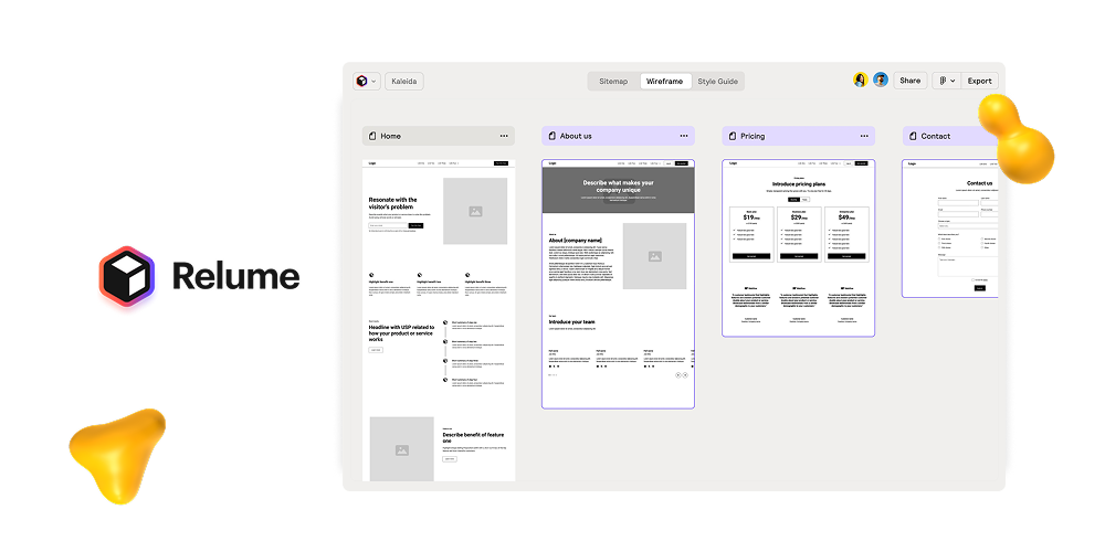 Relume wireframing tool showing multiple website page wireframes including Home, About, Pricing, and Contact.
