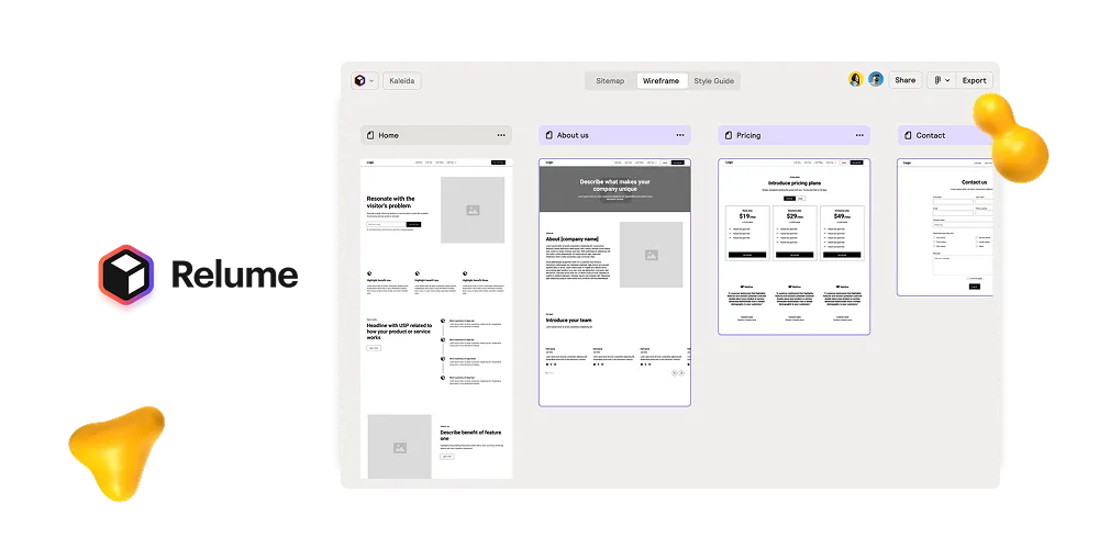 Relume wireframing tool showing multiple website page wireframes including Home, About, Pricing, and Contact.