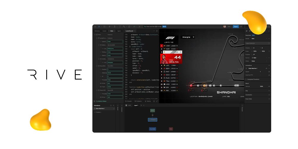 Rive animation editor showing a complex interactive interface with timeline, state machine, and a racetrack-style animated graphic