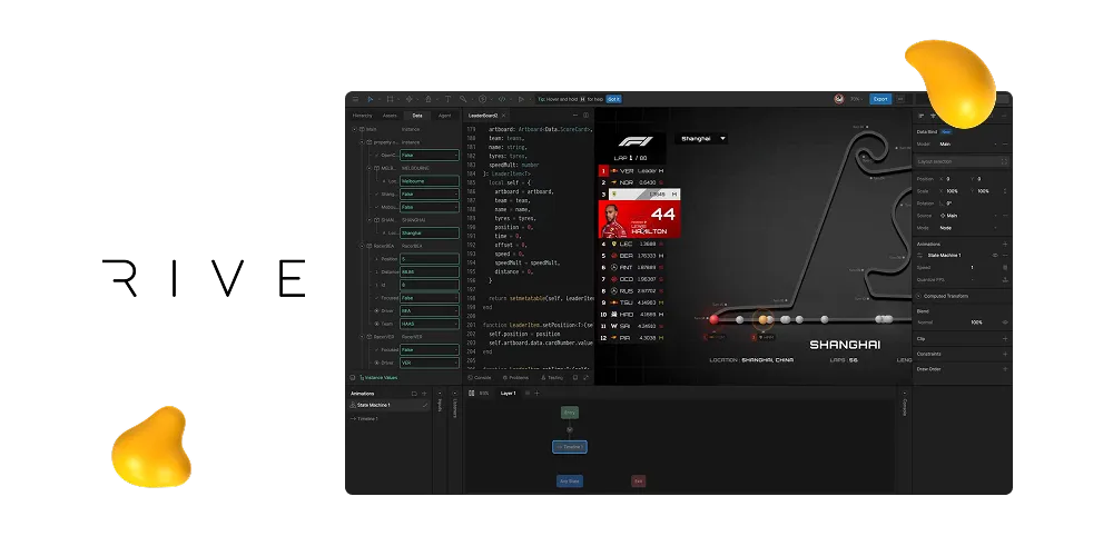 Rive animation editor showing a complex interactive interface with timeline, state machine, and a racetrack-style animated graphic