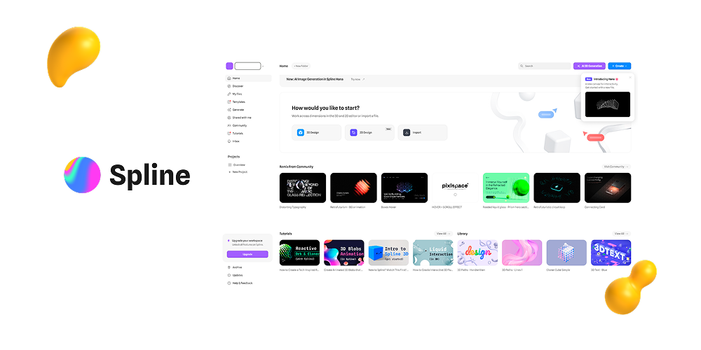 Spline 3D design dashboard showing project templates, tutorials, and a workspace for creating interactive 3D scenes.