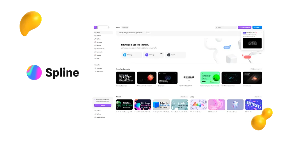 Spline 3D design dashboard showing project templates, tutorials, and a workspace for creating interactive 3D scenes.