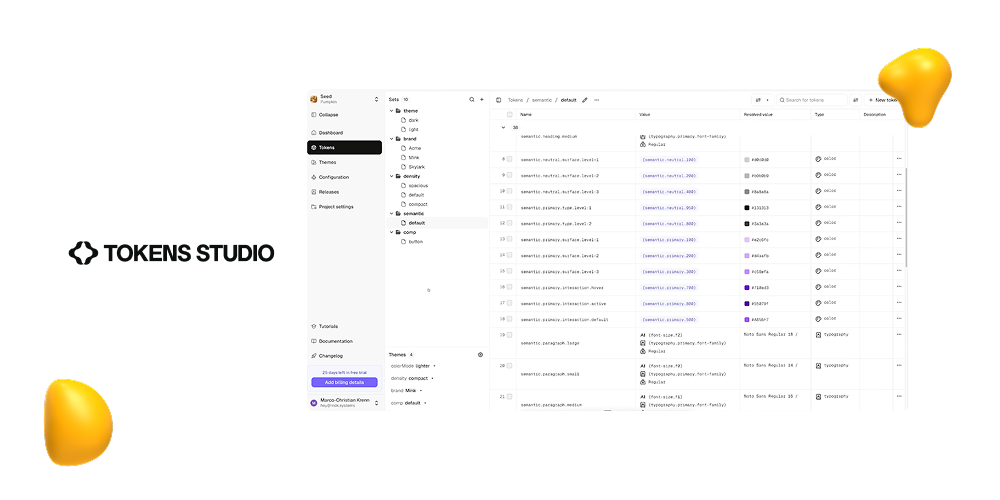 Tokens Studio interface listing design tokens for colors and typography in a structured table with editable values