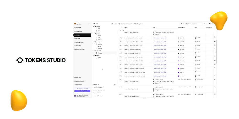 Tokens Studio interface listing design tokens for colors and typography in a structured table with editable values
