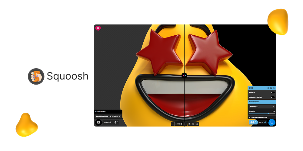 Image compression interface comparing original and compressed versions of a yellow 3D emoji face with star-shaped eyes