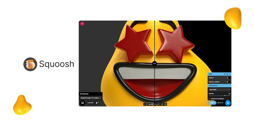 Image compression interface comparing original and compressed versions of a yellow 3D emoji face with star-shaped eyes