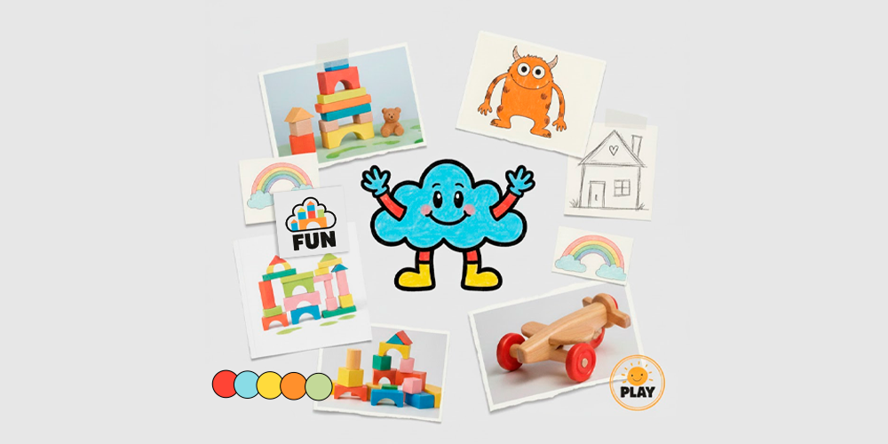 Playful logo inspiration from children’s toys and illustrations using simple shapes and bright colors