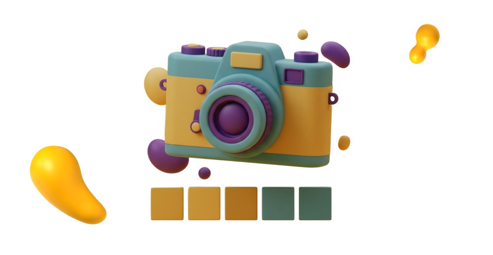 A stylized 3D camera illustration in mustard yellow and dusty teal, surrounded by floating abstract shapes and color swatches on a dark background.