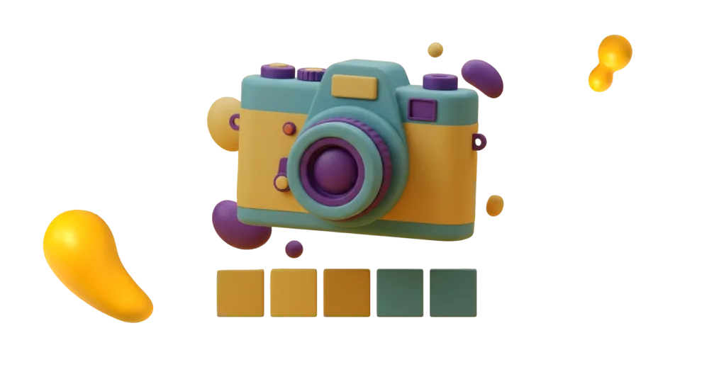 A stylized 3D camera illustration in mustard yellow and dusty teal, surrounded by floating abstract shapes and color swatches on a dark background.