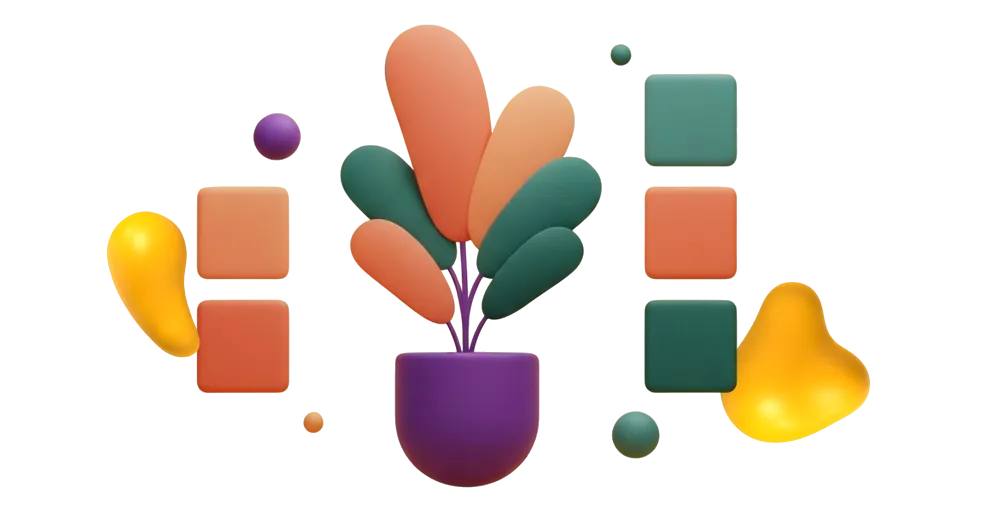 A 3D potted plant illustration with coral and forest green leaves, accompanied by floating geometric shapes and matching color blocks on a dark background.