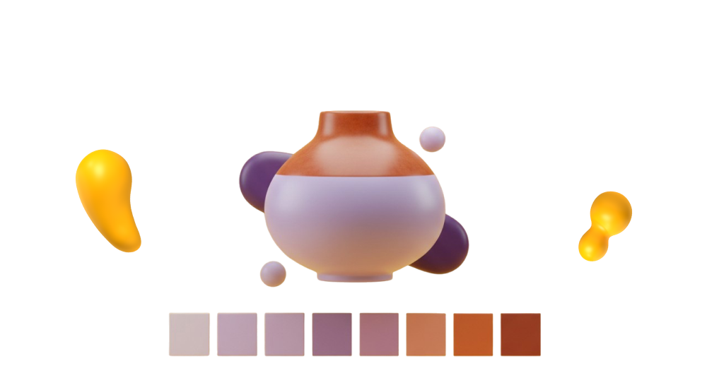 A rounded 3D ceramic vase in lavender and rust tones, with soft floating shapes and a row of coordinated color swatches beneath it on a dark background.