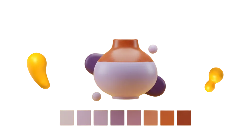 A rounded 3D ceramic vase in lavender and rust tones, with soft floating shapes and a row of coordinated color swatches beneath it on a dark background.