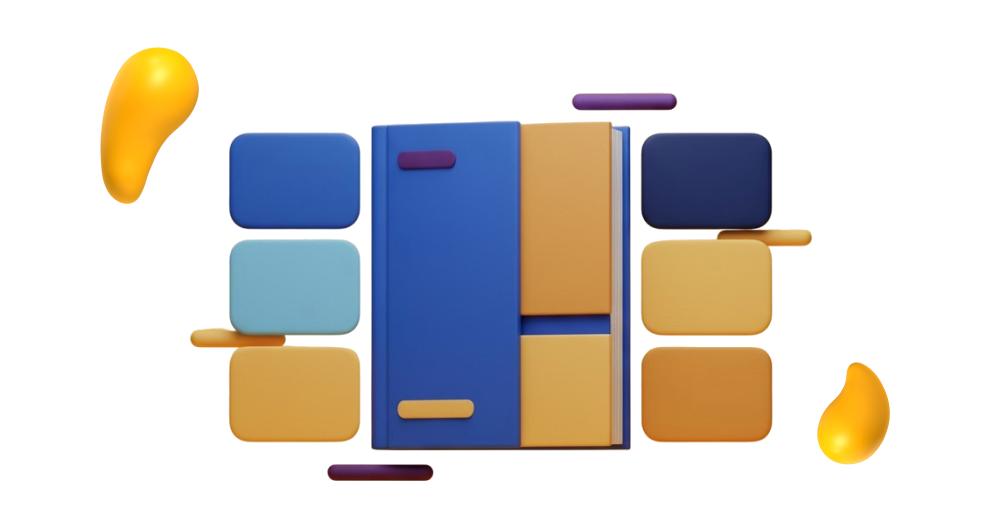 A modern 3D cabinet or shelving unit in electric blue and ochre, surrounded by floating geometric shapes and color blocks against a dark background.