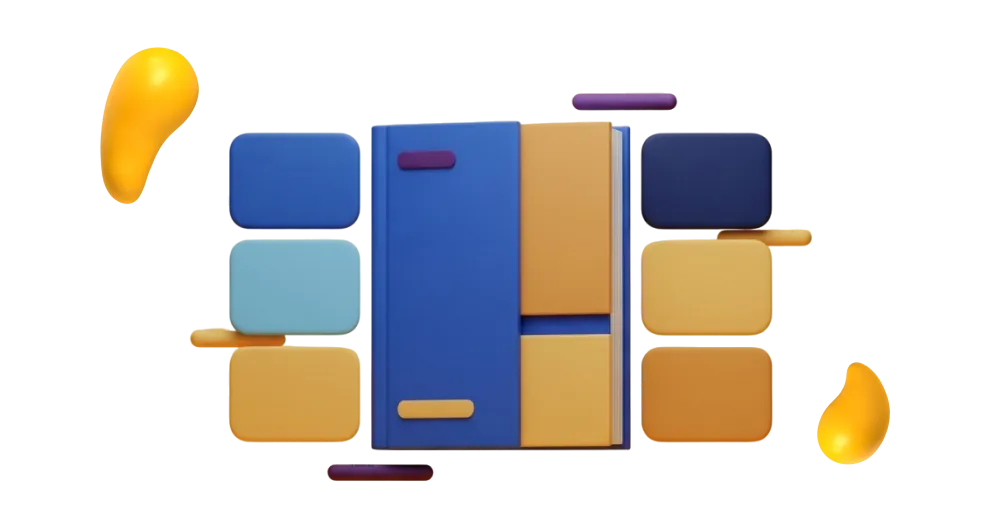 A modern 3D cabinet or shelving unit in electric blue and ochre, surrounded by floating geometric shapes and color blocks against a dark background.