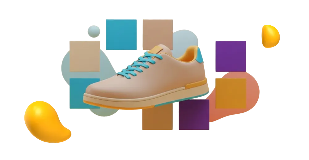 A 3D sneaker illustration in nude beige with bright neon accents, framed by bold geometric shapes and contrasting color blocks on a dark background.