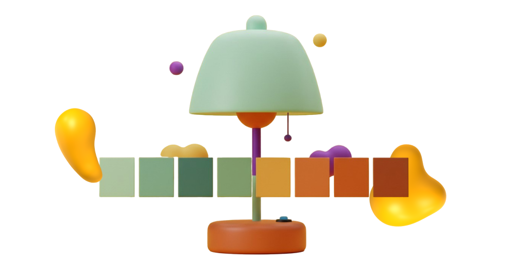 A 3D table lamp in mint green and burnt orange, with floating abstract shapes and a row of matching color swatches displayed on a dark background.