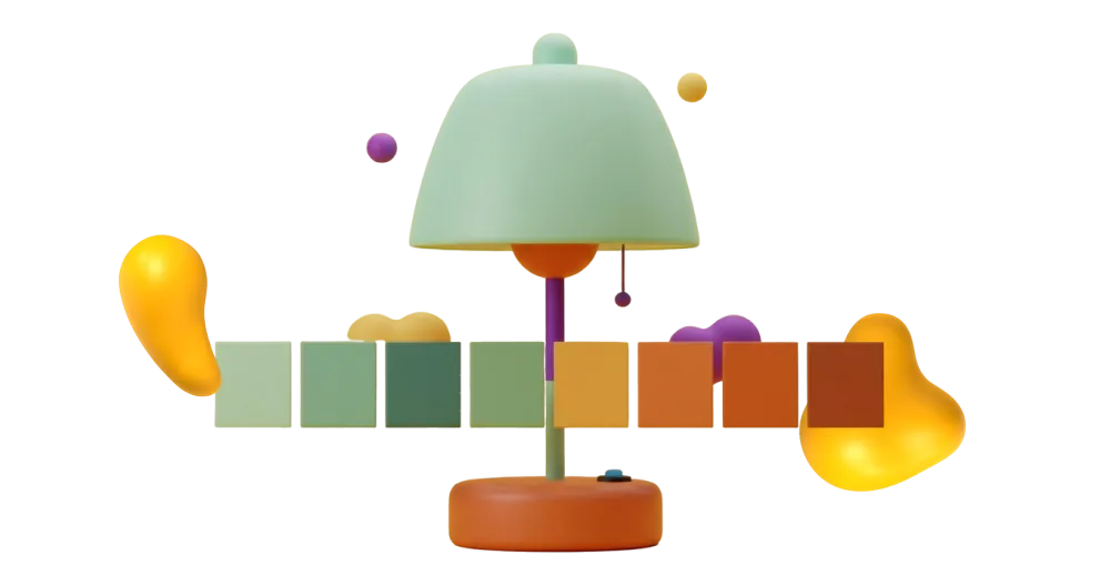 A 3D table lamp in mint green and burnt orange, with floating abstract shapes and a row of matching color swatches displayed on a dark background.