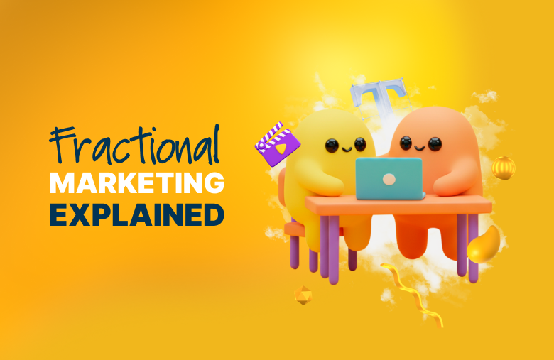 Fractional marketing explained illustration featuring animated characters collaborating on a laptop