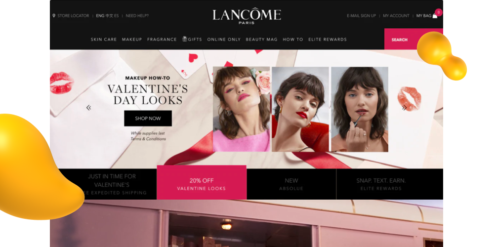 Lancôme Valentine’s Day homepage featuring romantic makeup looks and limited-time beauty offers