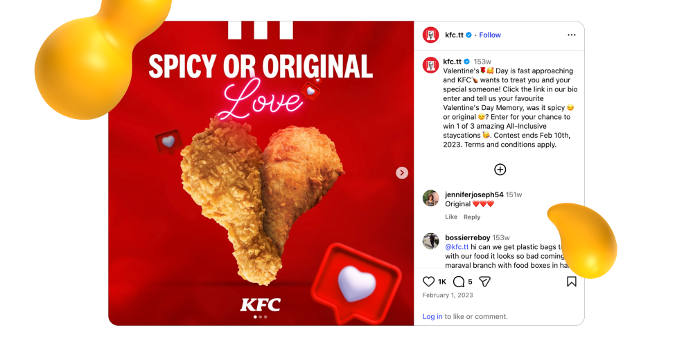 KFC Valentine’s Day Instagram post featuring heart-shaped fried chicken and “Spicy or Original Love” headline