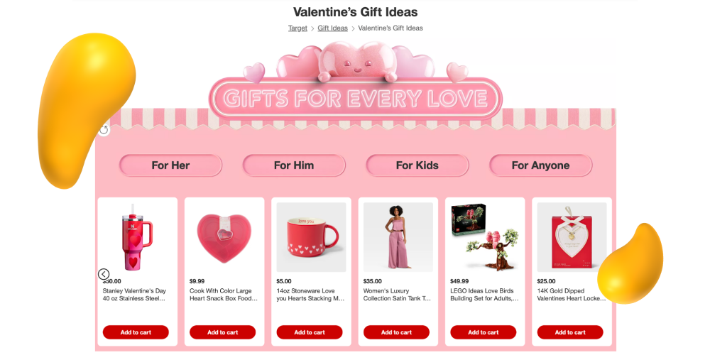 Target Valentine’s Day gift guide page showing “Gifts for Every Love” with categories for her, him, kids, and anyone
