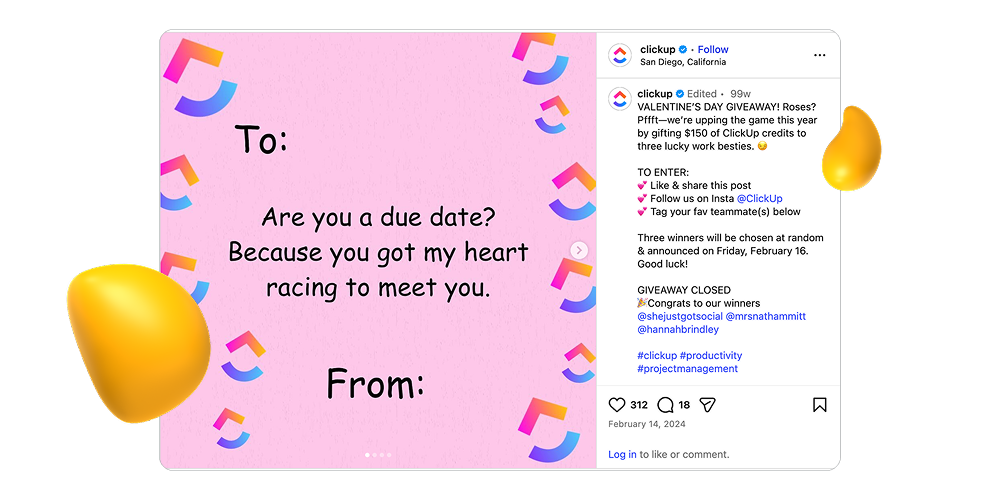 ClickUp Valentine’s Day giveaway Instagram post encouraging users to tag coworkers and enter contest