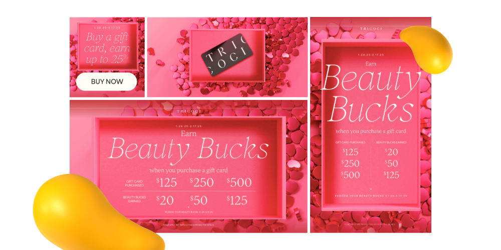 Valentine’s Day gift card promotion visuals highlighting Beauty Bucks rewards and pink festive design