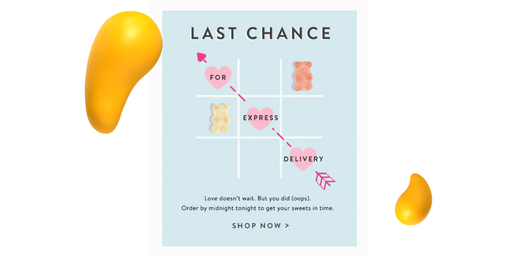 Last-chance Valentine’s Day express delivery ad with heart-themed tic-tac-toe design
