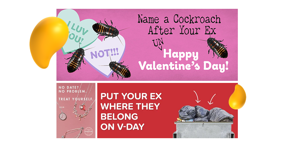 Valentine’s Day anti-romance campaign graphic with cockroaches and “Name a Cockroach After Your Ex” message