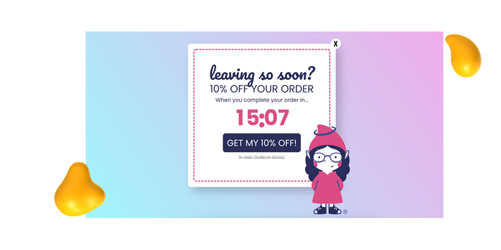 Exit-intent popup offering 10% off with countdown timer and call-to-action button