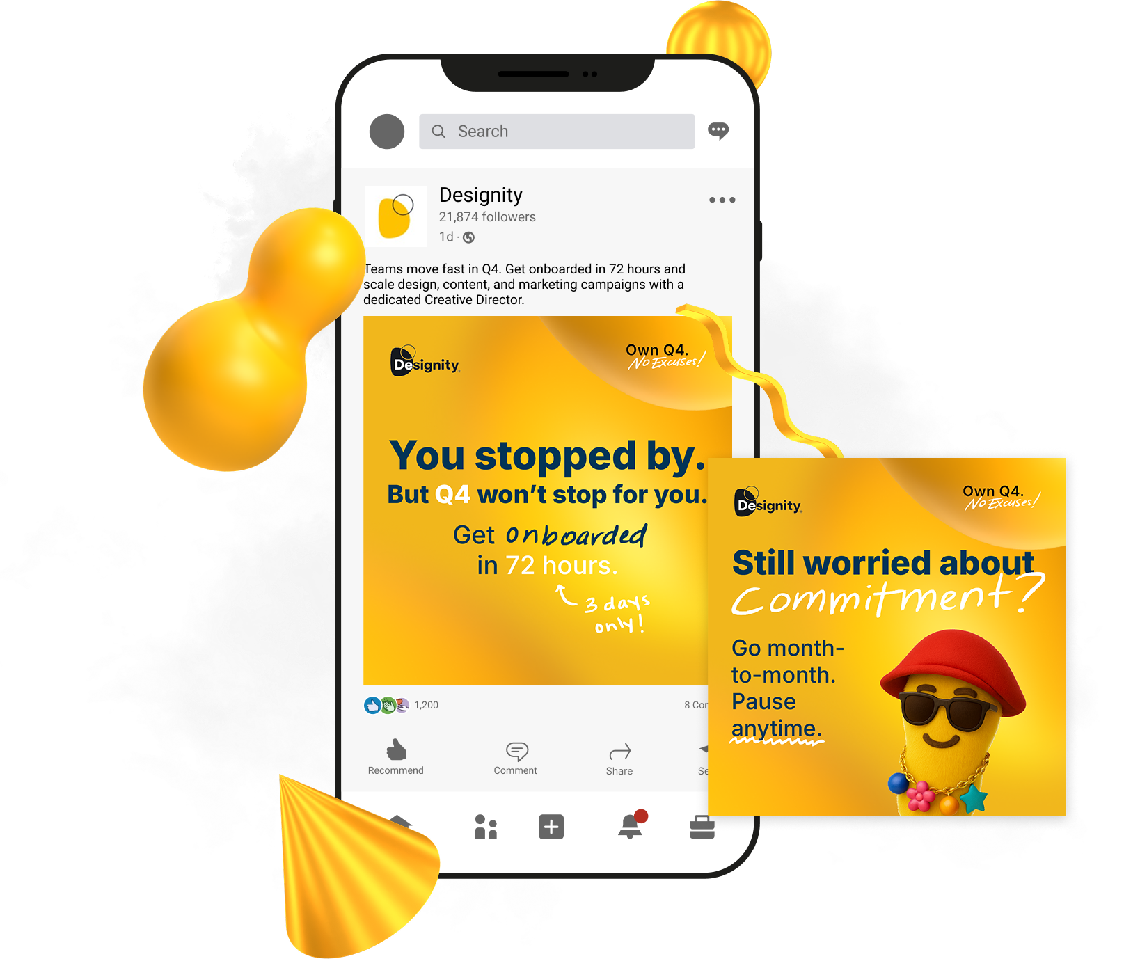 Designity LinkedIn ad promoting 72-hour onboarding and flexible month-to-month creative services
