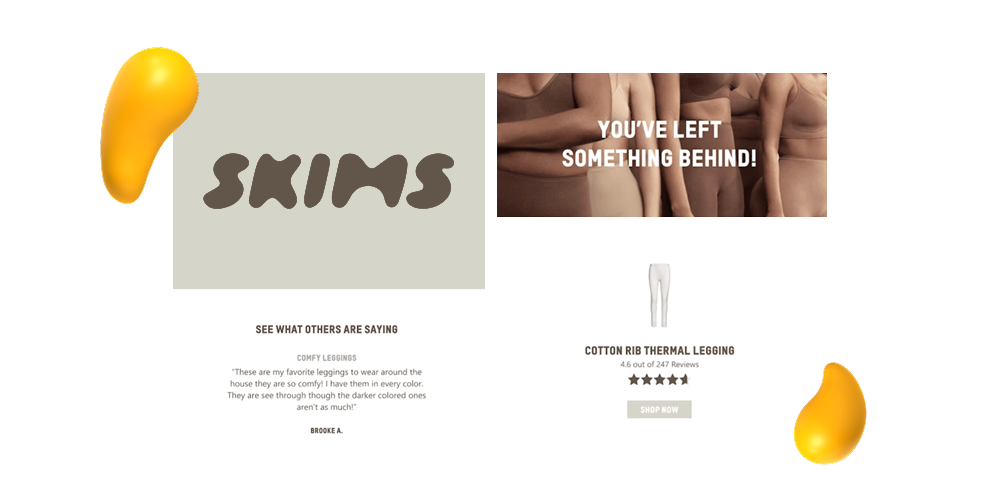 SKIMS abandoned cart email featuring product reminder, customer reviews, and shop now CTA