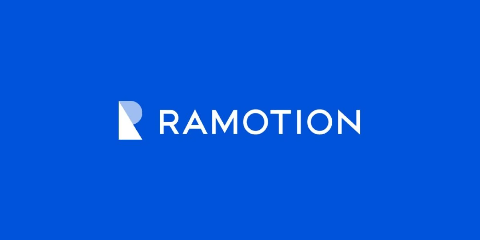 Ramotion logo in bold white text with abstract R icon on a blue background.