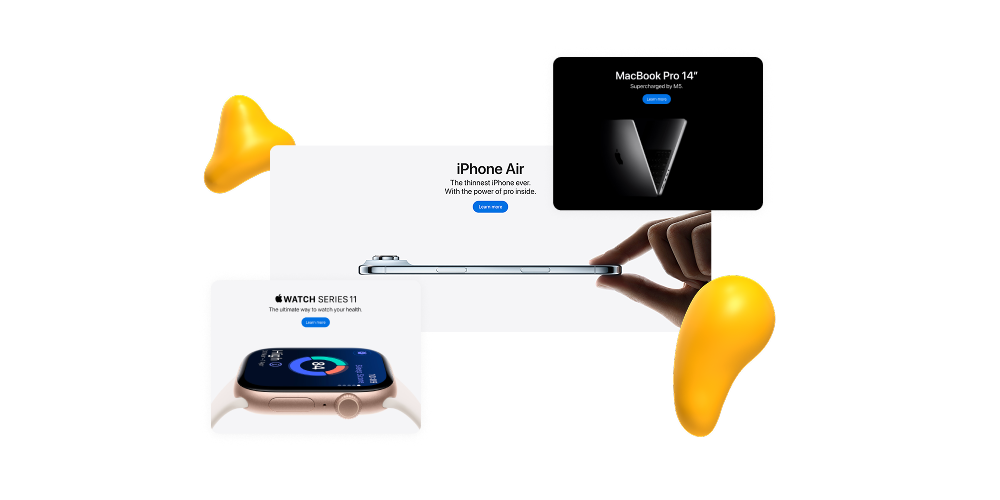 Apple product marketing showcasing minimalist design, restrained typography, and clean visual hierarchy