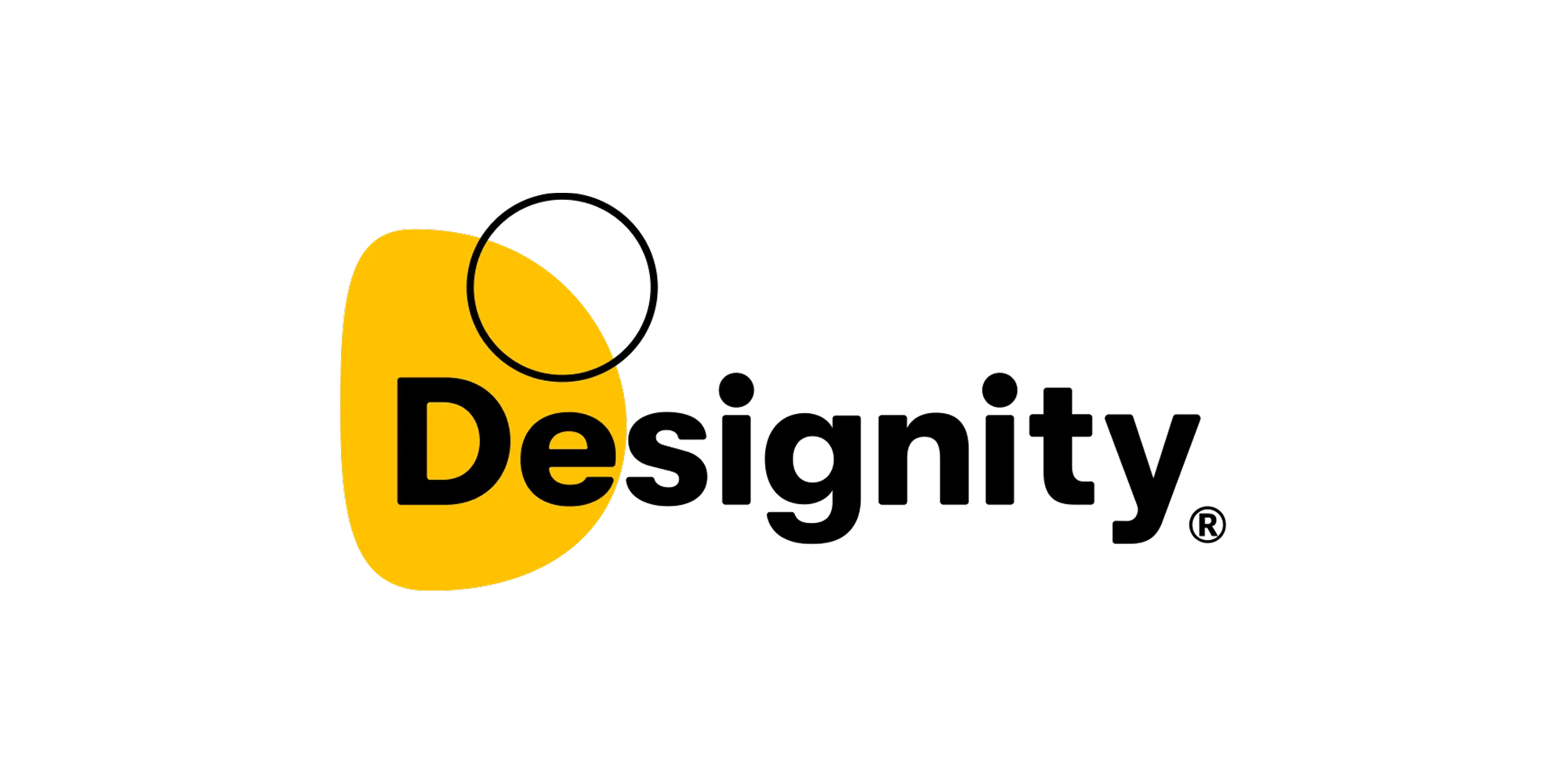Designity logo with a bold yellow abstract shape behind the letter D, black text spelling “Designity,” and a small black circle outline above the D, on a white background