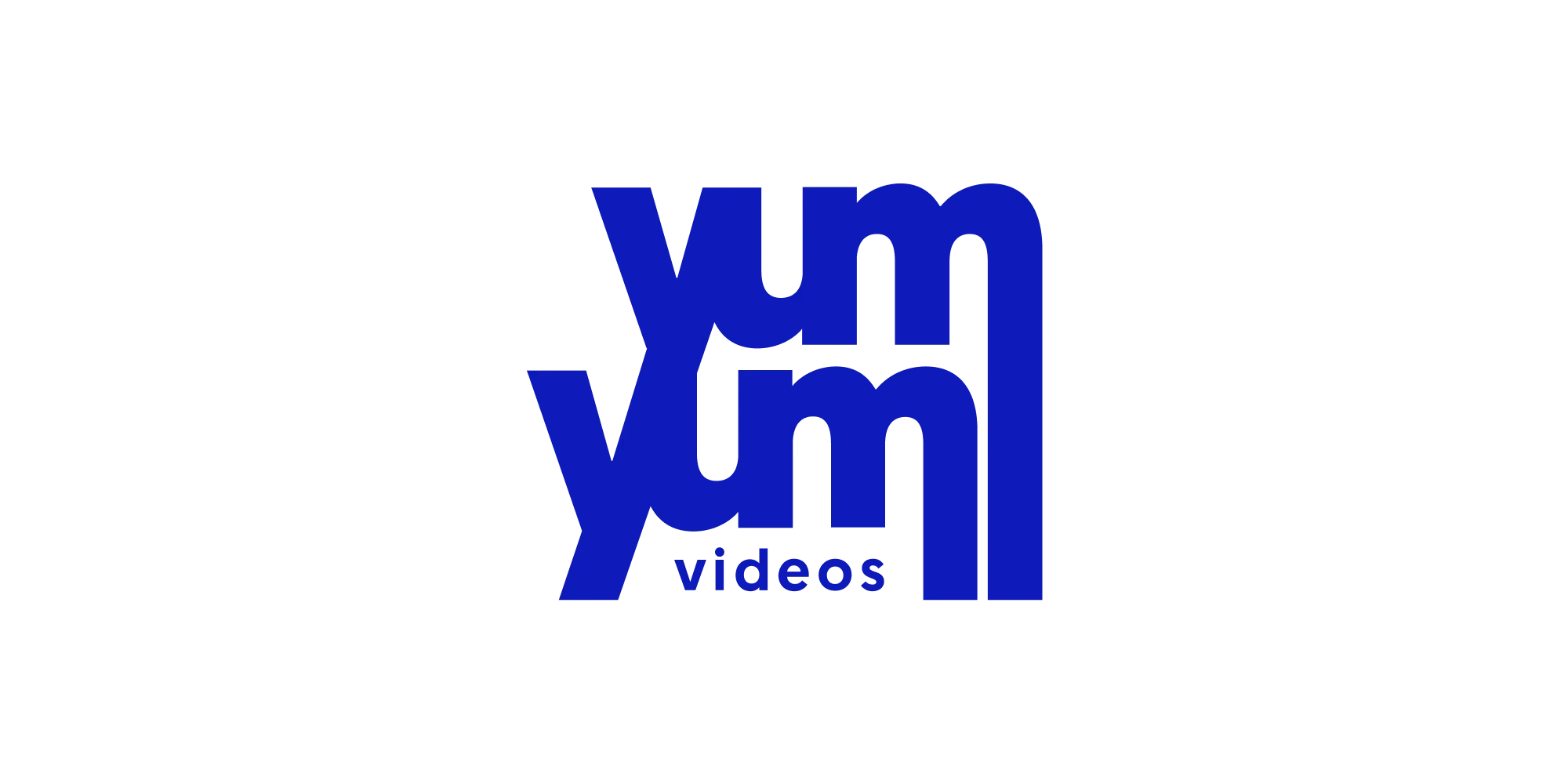 Yum Yum Videos logo with bold blue text, “yum” stacked twice vertically and “videos” in lowercase below, on a white background