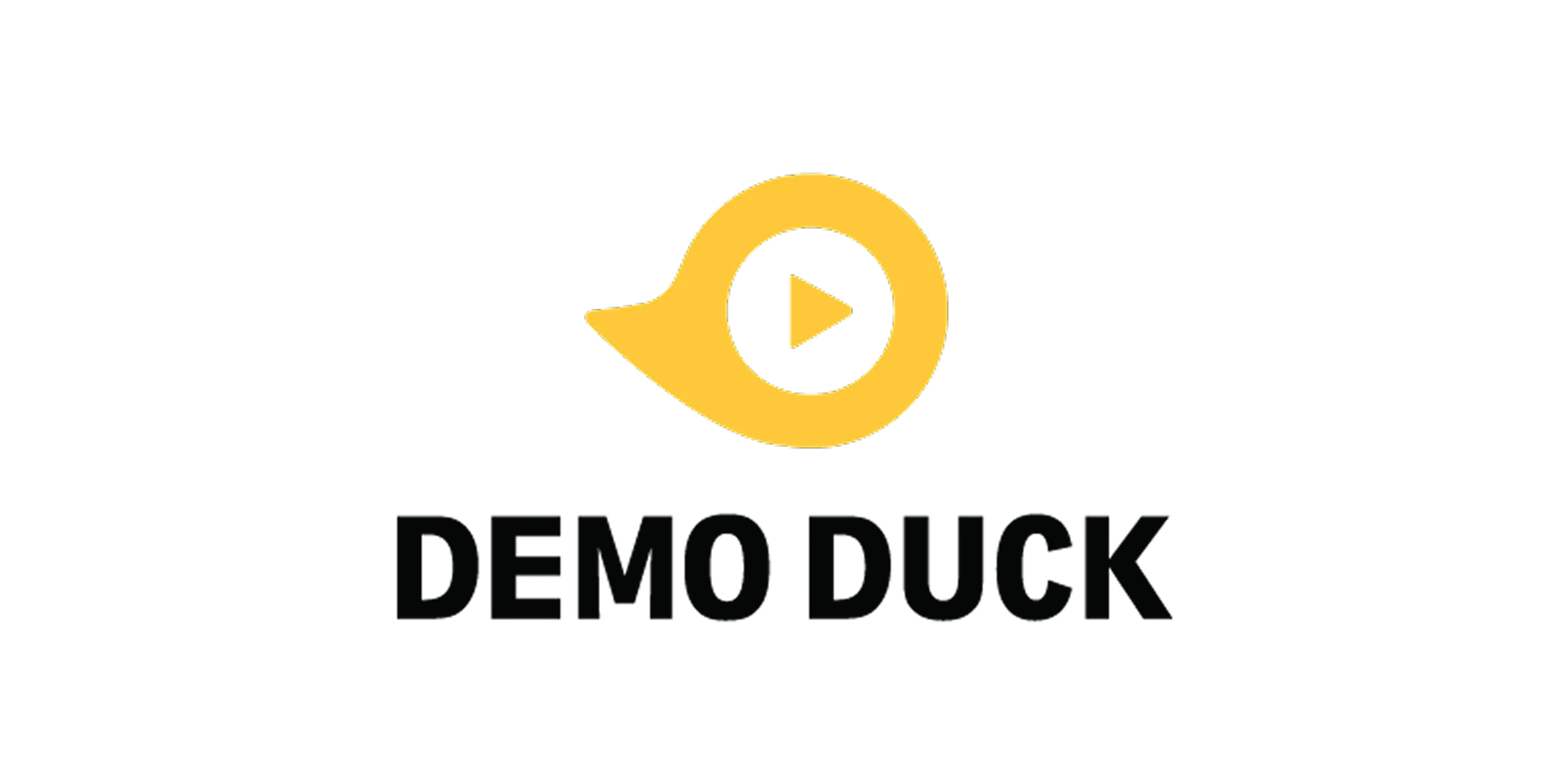 Demo Duck logo with bold black text and a yellow duck-shaped play button icon above it, on a white background