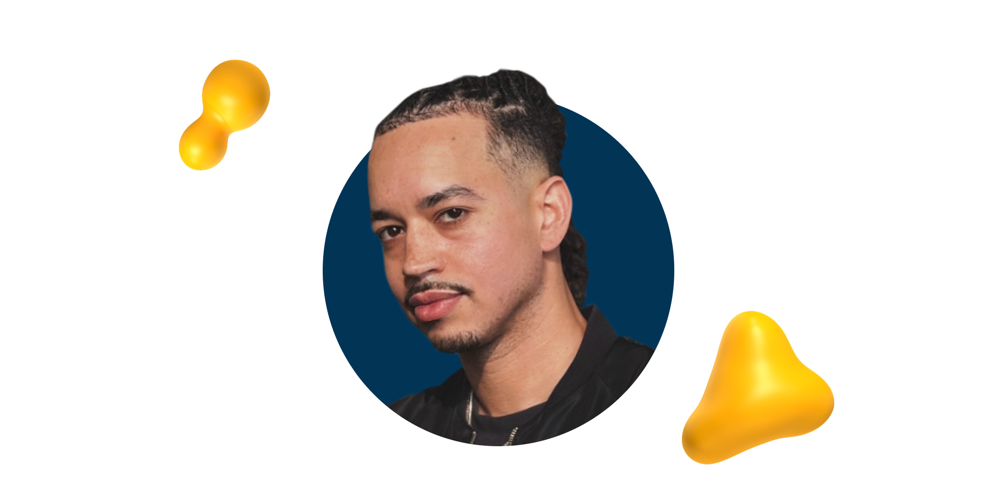 Portrait of Vinnie Hobbs, Adobe MAX 2025 speaker, creative director, and video editor, against a dark background with yellow 3D shapes.