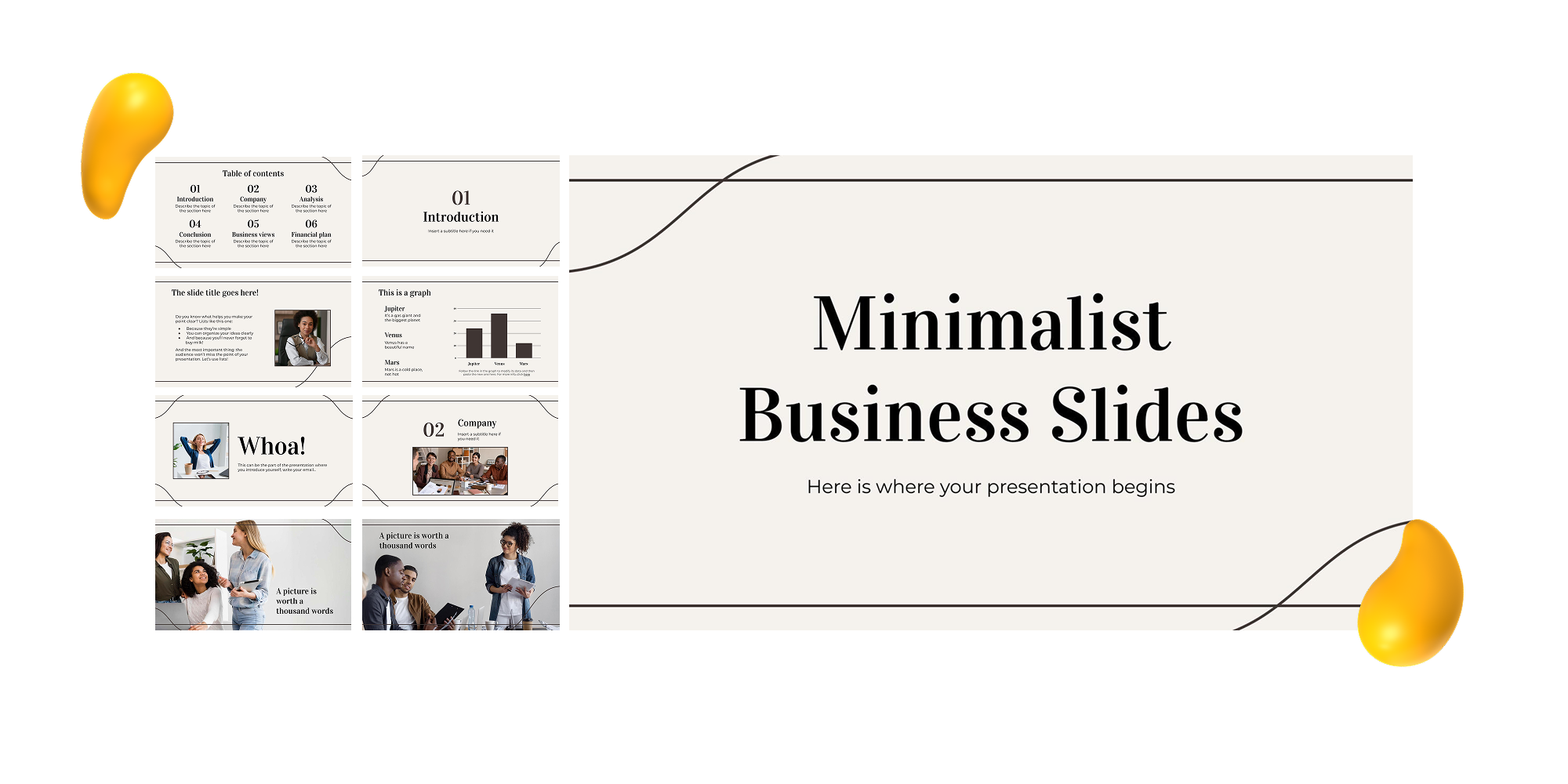 A clean Google Slides theme with black and white tones, simple typography, and light beige backgrounds