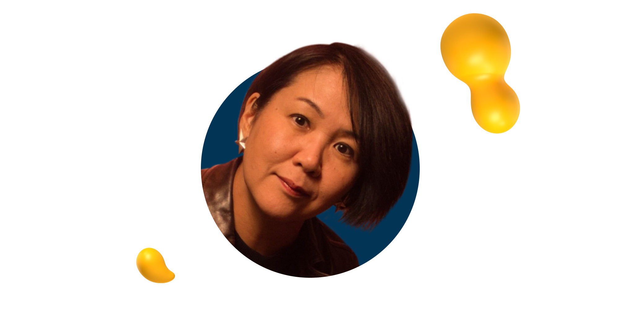 Portrait of Yuko Shimizu, Adobe MAX 2025 speaker and award-winning illustrator, against a dark background with yellow 3D shapes